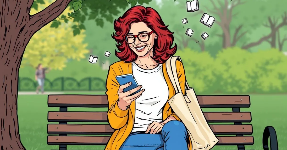 Comic drawing: a woman on a park bench smiles at her phone while books float around her